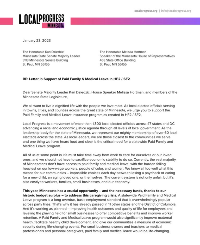 Screenshot of a letter from the LPMN OC in support of paid family and medical leave
