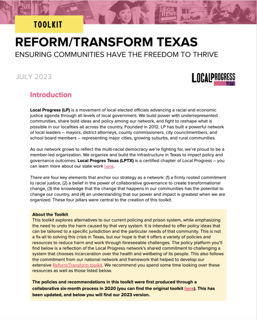 First page of the Reform/Transform Texas Toolkit.