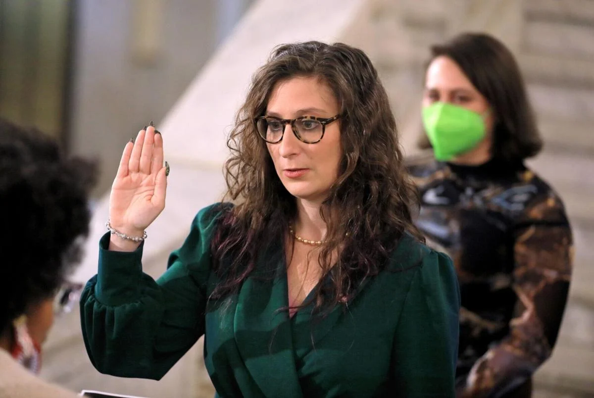 Megan Green, president of the St. Louis Board of Aldermen, is sworn into office during her inauguration ceremony in the rotunda at St. Louis City Hall on Monday, Nov. 28, 2022. Photo by David Carson
