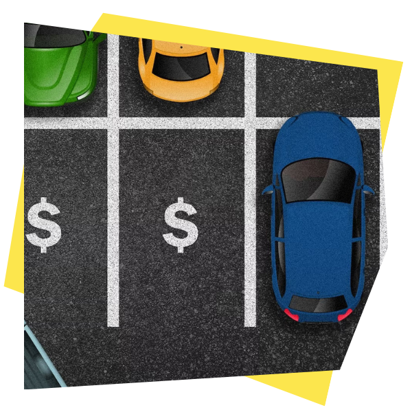 Visual of a parking lot from above with dollar signs in empty parking spaces