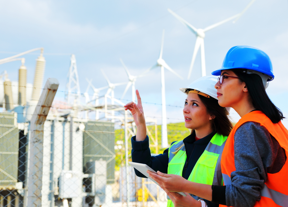 Two construction workers wearing hard hats looking at a project and speaking with one another.