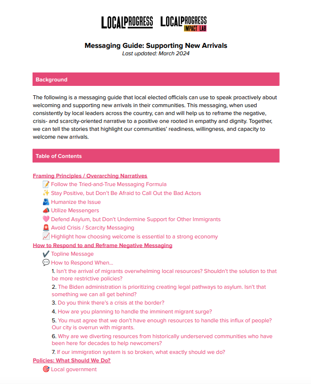 First page of a messaging guide to help local electeds speak speak publicly and proactively about welcoming and supporting new arrivals in their communities.