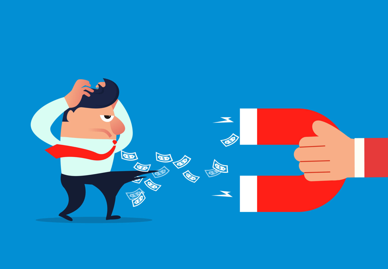 A graphic shows a large magnet pulling away money from a human's pockets (Getty Images | Retrieved from Minnesota Reformer)