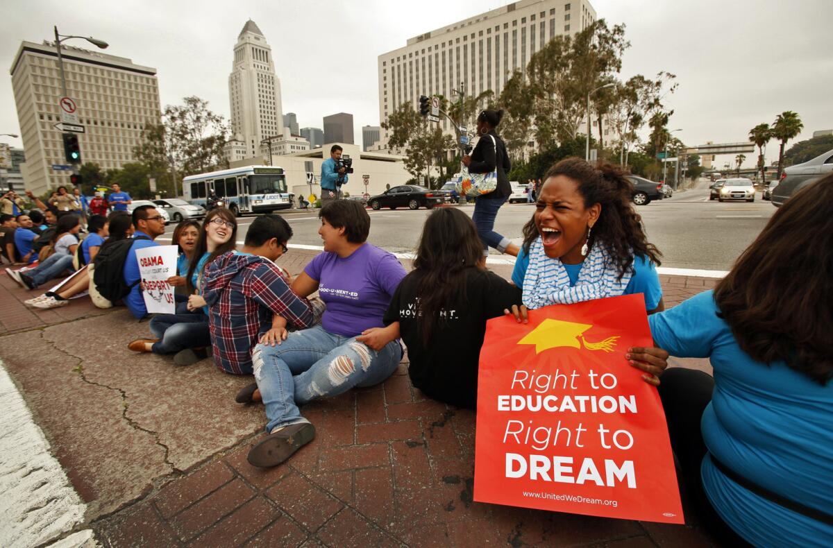 More than 150 students rallied in downtown Los Angeles in 2012 to voice their support for President Obama’s decision to halt the deportation of young immigrants who are in the country illegally. (Al Seib/Los Angeles Times)